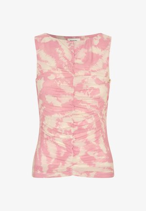 Top fără mâneci roz și crem, cu un model tie-dye, textură plisată pe față și decolteu rotund.