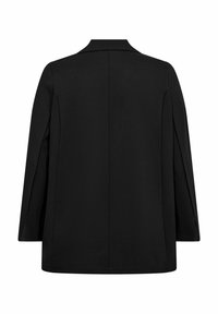 Čierna bunda so zavretým strihom, dlhými rukávmi a klasickým golierom. Vyrobená z hladkej tkaniny, s bezšvovým dizajnom na zadnej strane.
