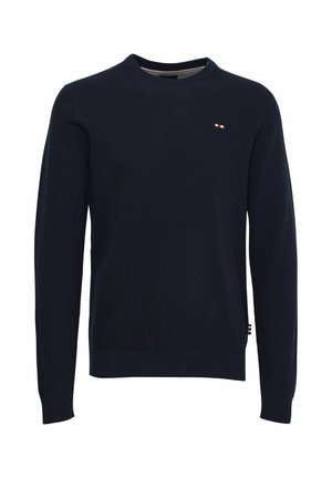 Marineblå genser i strukturstrikk, rund hals-design, med en liten logo på brystet og ribbestrikkede mansjetter og kant.