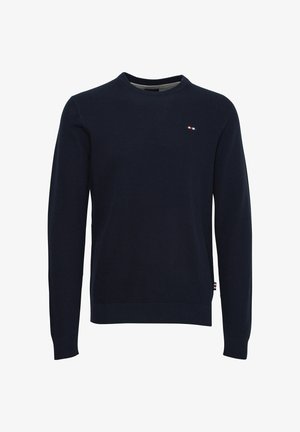 Sötétkék pulóver texturált, kötött anyagból, kerek nyakú dizájnnal, a mellen egy kis logóval és bordás mandzsettával, valamint aljjal.