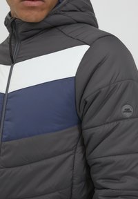 Veste rembourrée grise avec des blocs de couleur bleu marine, blanche et bleue. Présente une fermeture éclair à l'avant, une capuche et un emblème sur la manche gauche.