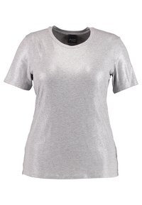 Silver short-sleeve t-shirt with a round neckline, made from a shimmery material, featuring a slightly relaxed fit and no visible patterns.