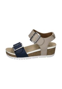Sandale compensée avec une semelle intermédiaire en liège, dessus synthétique beige et marine, sangles ajustables avec boucles métalliques et semelle extérieure en caoutchouc blanc.