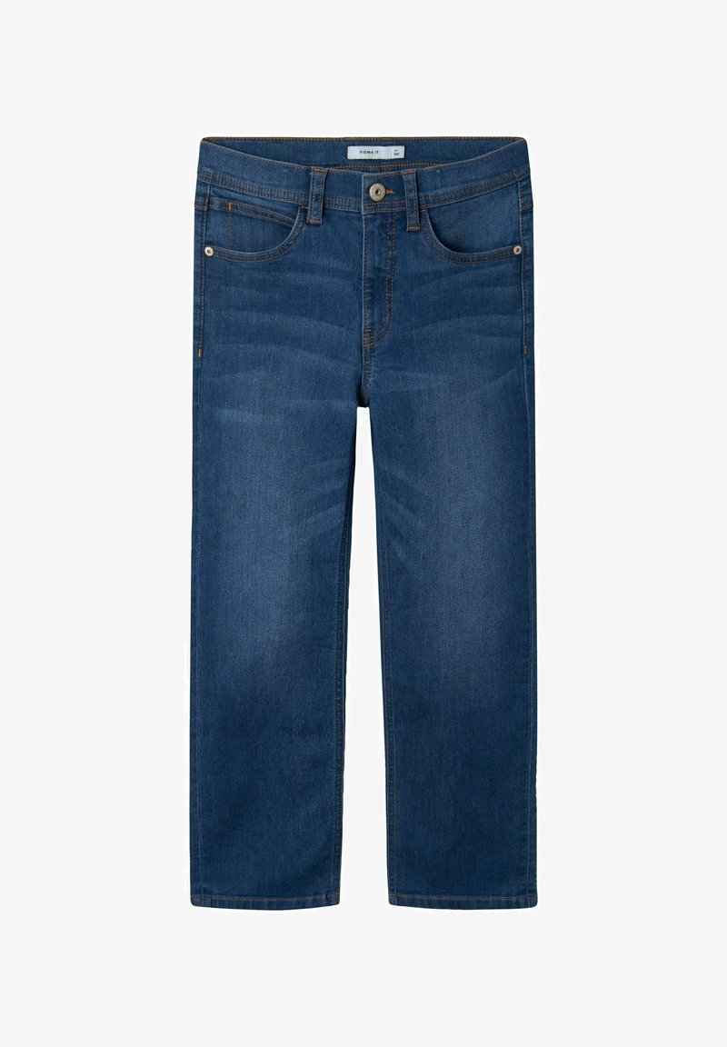 Jeans de mezclilla azul oscuro con corte recto, que cuentan con cinco bolsillos y un cierre frontal con botón, con costuras visibles.