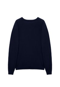 En marinblå långärmad tröja med rund halsringning, ribbade mudd och nederkant, visas bakifrån på en vit bakgrund.