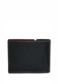Portefeuille en cuir noir avec un intérieur rouge contrastant, de forme rectangulaire, bords cousus et texture lisse. Convient pour les cartes et l'argent.