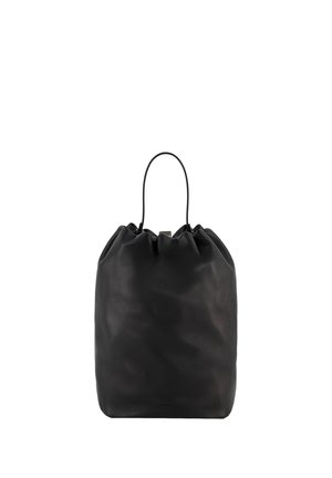 Sac seau en cuir noir avec cordon et une seule anse fine, présenté sur fond blanc.