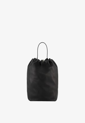 Sac seau en cuir noir avec cordon et une seule anse fine, présenté sur fond blanc.