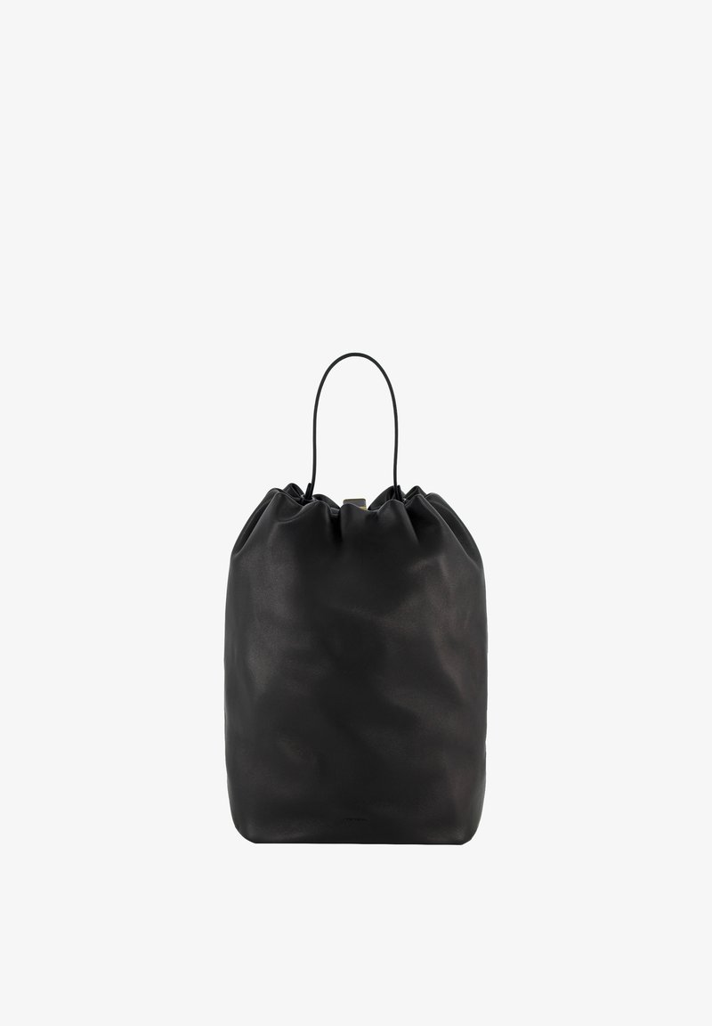 Sac seau en cuir noir avec cordon et une seule anse fine, présenté sur fond blanc.