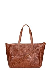 Borsa a tracolla in ecopelle coccodrillo marrone con finitura texturizzata, due manici e una tracolla rimovibile. Design spazioso e strutturato.