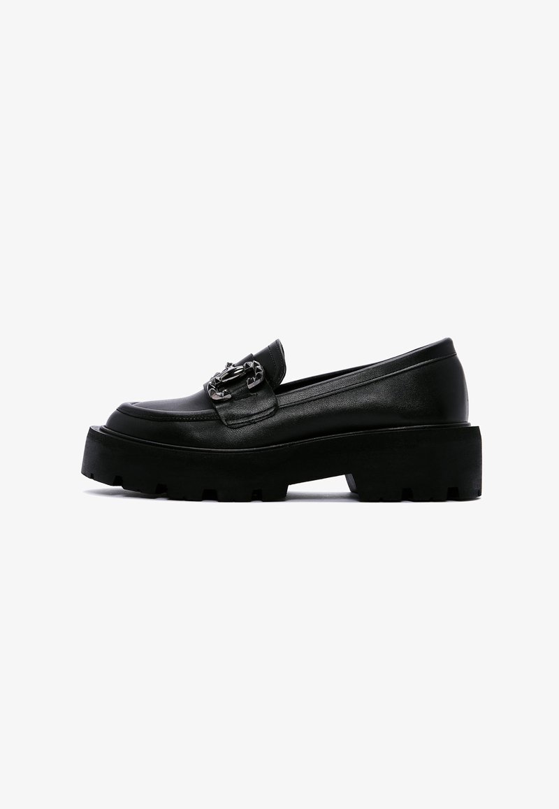 Black leather loafers with a thick platform sole, featuring a metallic chain accent on the vamp and smooth texture.