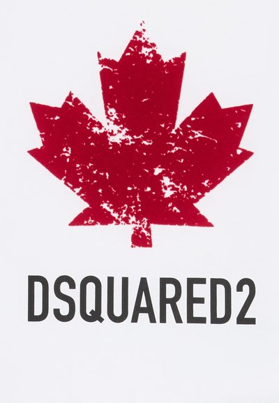 Röd slitna lönnlövsgrafik på en vit bakgrund, med "DSQUARED2" i fet svart text under.