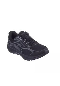 Schwarzer Sportschuh mit Mesh-Obermaterial, strukturierten Überzügen, ausgeprägtem Schnürsystem und gepolsterter Sohle. Verfügt über reflektierende Akzente für Sichtbarkeit.