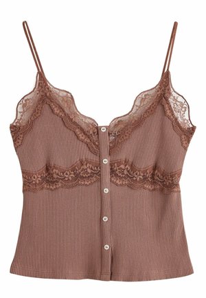 Růžovofialový žebrovaný tílko bez rukávů s krajkovou ozdobou podél výstřihu a pasu, s předním zapínáním na knoflíky a tenkými nastavitelnými ramínky.