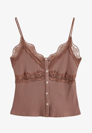 Růžovofialový žebrovaný tílko bez rukávů s krajkovou ozdobou podél výstřihu a pasu, s předním zapínáním na knoflíky a tenkými nastavitelnými ramínky.