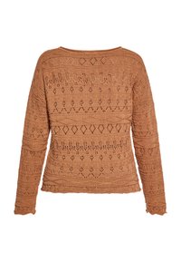 Maglione lavorato a maglia marrone con maniche lunghe, caratterizzato da motivi a rete di diamanti e strisce, finitura testurizzata e scollatura rotonda.