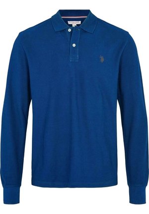Langsleeve blauwe polo met kraag, twee-knopsluiting en klein geborduurd logo op de linkerkant van de borst.