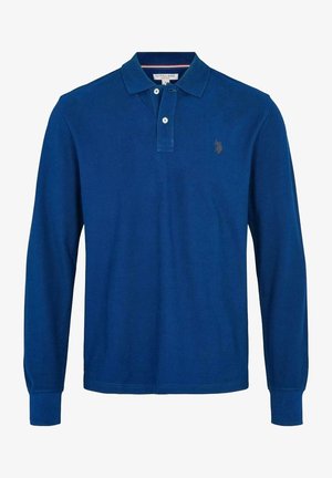 Long-sleeve blue polo shirt with collar, two-button placket, and small embroidered logo on left chest.