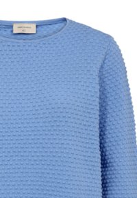 Lichtblauwe, gestructureerde trui met een ronde hals en een patroon van verhoogde stippen over de stof. Lange mouwen met een normale pasvorm.