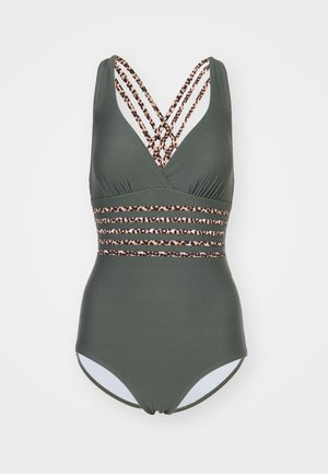 Costume intero verde oliva con spalline incrociate, dotato di una fascia con stampa leopardata in vita e texture liscia.