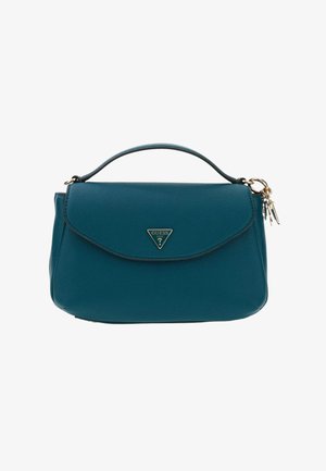 Sac à main en cuir bleu sarcelle avec une forme structurée, doté d'une poignée supérieure, de ferrures dorées et d'un logo triangulaire sur le rabat avant.