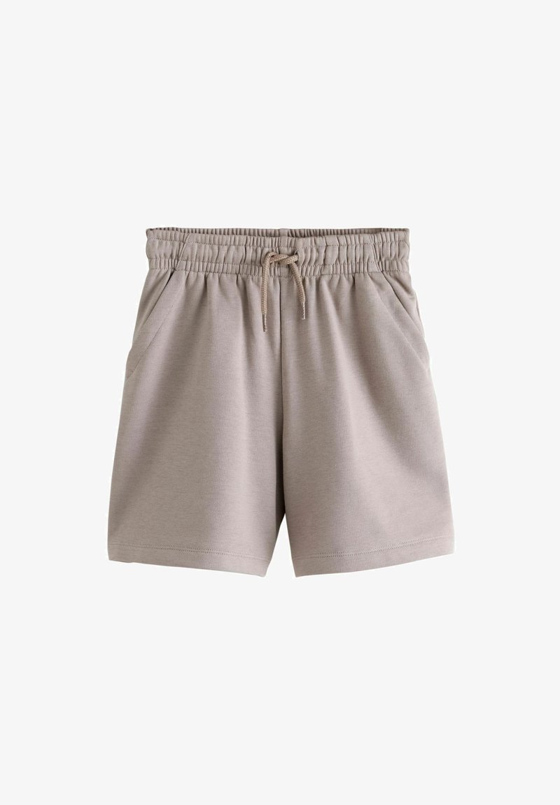 Shorts beiges à taille élastique avec cordon de serrage et poches avant, fabriqués dans un tissu doux et léger.