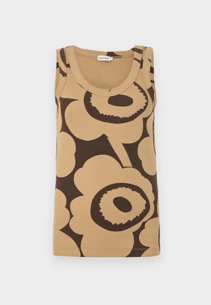 Beež värvi tanktop, millel on suur tumepruun abstraktne lillemuster, ribiline tekstuur ja ümar kaelus, laotatud valgel taustal.