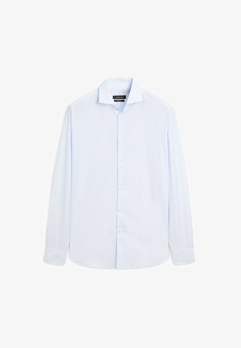 Lichtblauw overhemd met lange mouwen, voorzien van een puntige kraag, meisjes met knopen aan de voorkant en een zachte textuur; heeft subtiele verticale strepen.