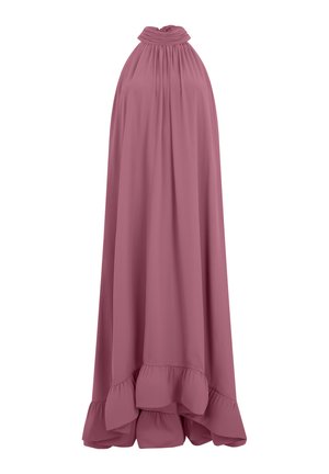 Robe longue mauve à encolure halter, avec un col montant froncé et un ourlet à volants.