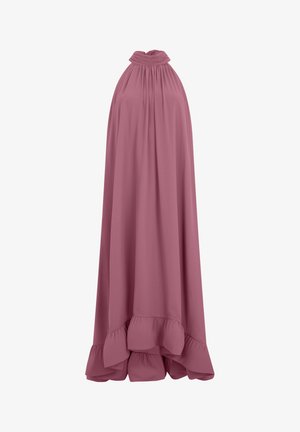 Robe longue mauve à encolure halter, avec un col montant froncé et un ourlet à volants.