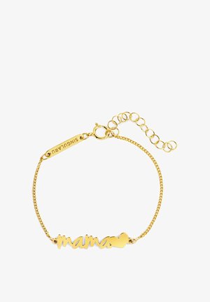 Pulsera de cadena de oro con inscripción "mama" y colgante de corazón, con eslabones ajustables y cierre redondo.