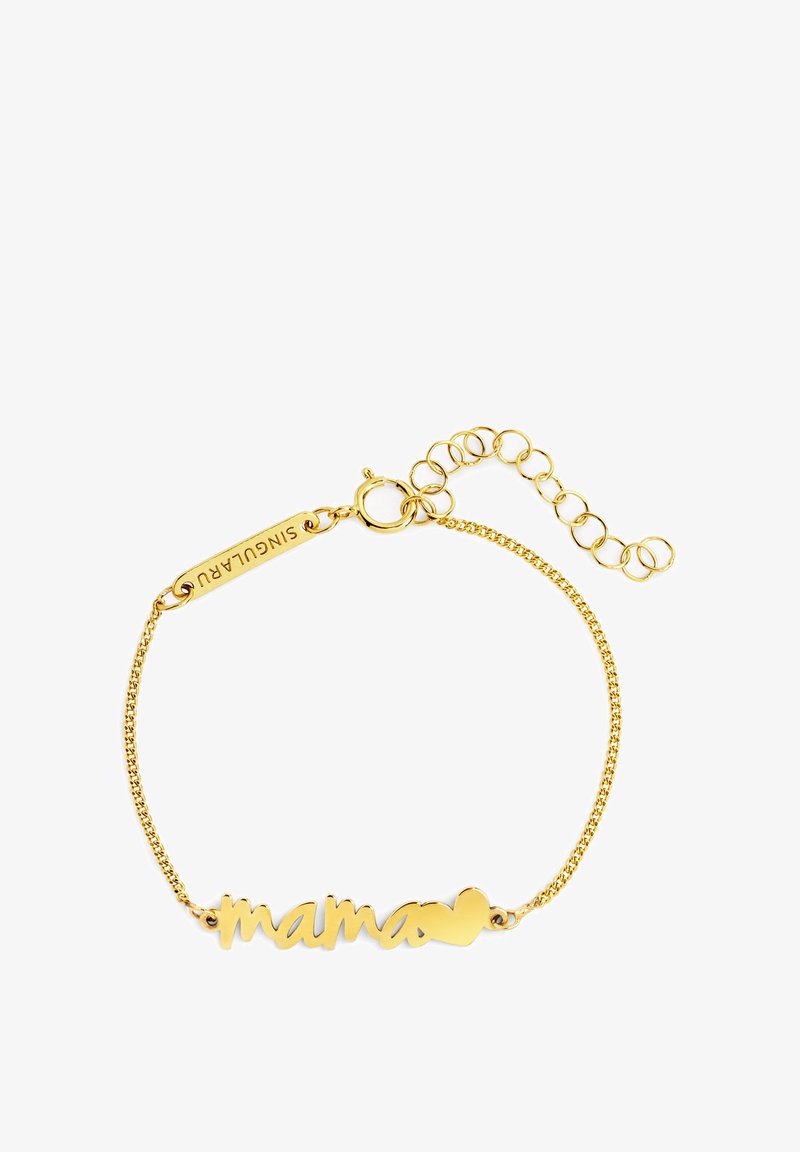 Gold chain bracelet with "mama" script and heart charm, featuring adjustable links and a round clasp.