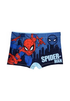Jongens zwemshorts met een blauw en marineblauw ontwerp met Spider-Man grafische afbeeldingen, witte tekst en een lichtblauwe tailleband. Soepele stofstructuur.