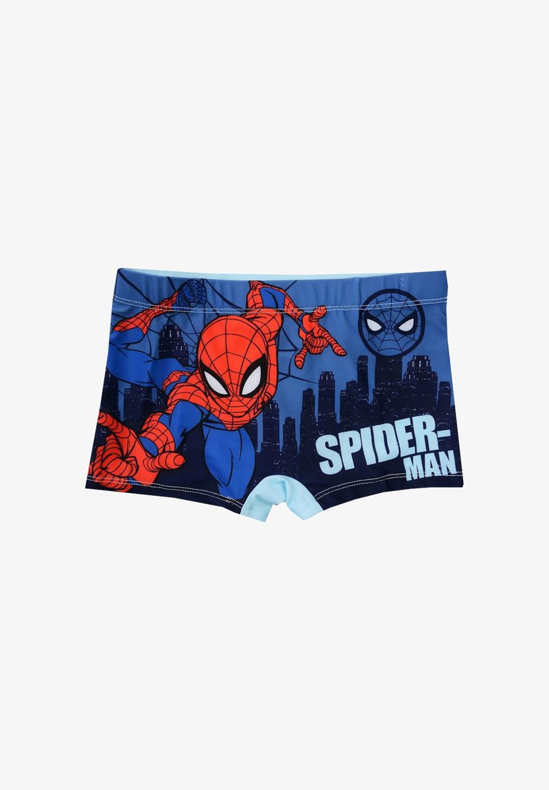 Shorts de bain pour garçons avec un design bleu et marine, ornés de graphiques Spider-Man, de texte blanc et d'une taille bleu clair. Texture de tissu lisse.