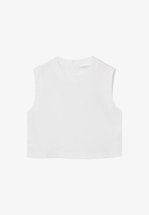 Biały krótki top bez rękawów z wysokim kołnierzem i zamkiem błyskawicznym z tyłu, minimalistyczny design, na jednolitym tle.