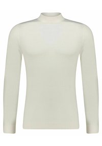 Maglietta a maniche lunghe bianca con colletto a dolcevita, design aderente, texture liscia, polsini e colletto a costine. Linee semplici e pulite senza ulteriori motivi.