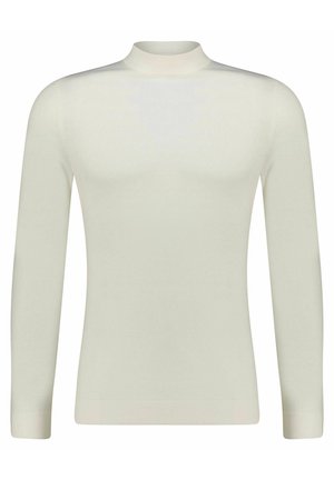 White long-sleeve turtleneck top, fitted design, smooth texture, ribbed cuffs, and collar. Simple, clean lines with no additional patterns.