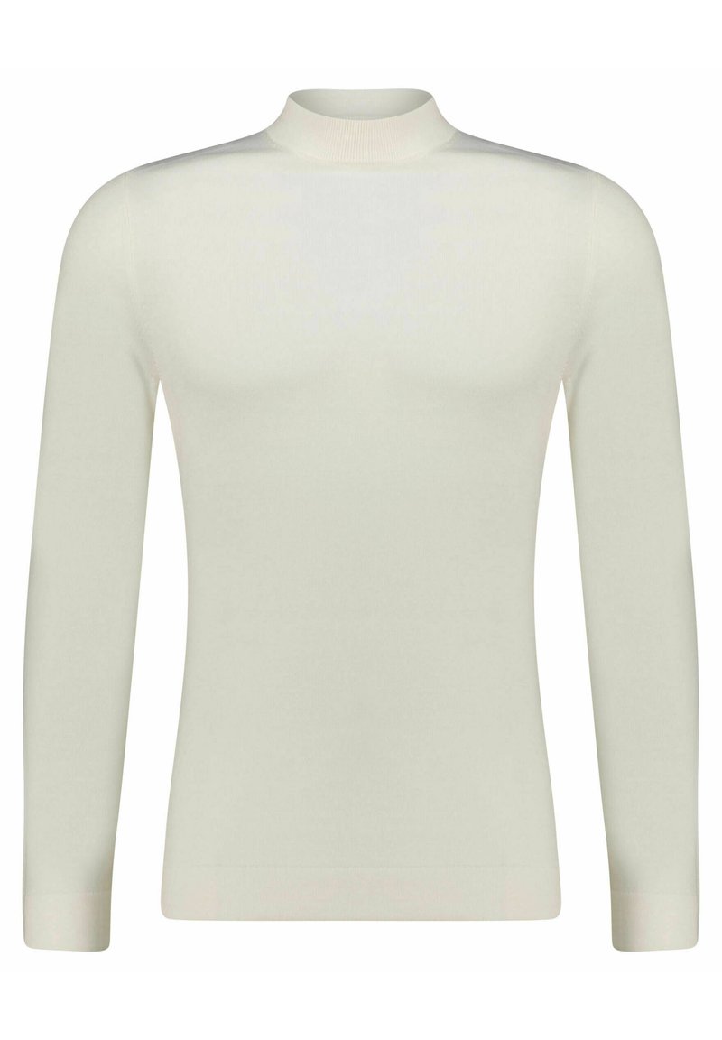Maglietta a maniche lunghe bianca con colletto a dolcevita, design aderente, texture liscia, polsini e colletto a costine. Linee semplici e pulite senza ulteriori motivi.