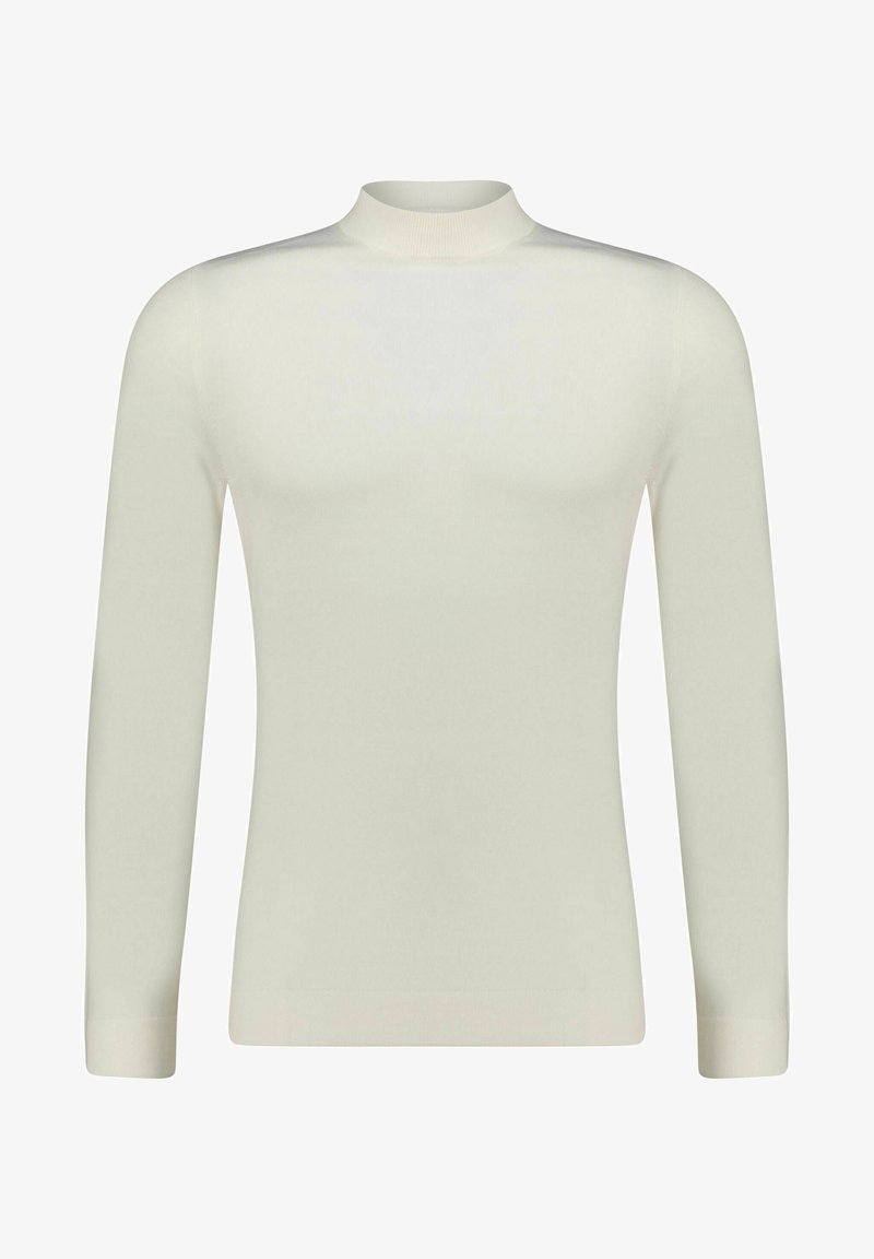 White long-sleeve turtleneck top, fitted design, smooth texture, ribbed cuffs, and collar. Simple, clean lines with no additional patterns.