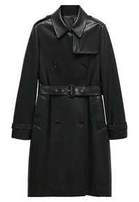 Czarny skórzany płaszcz typu trench z dwurzędowym zapięciem, szerokim kołnierzem, paskiem w talii i bocznymi kieszeniami z minimalistycznymi detalami szwu.