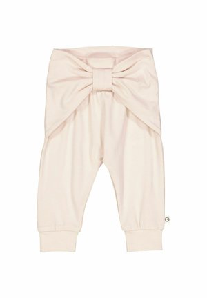 Helle rosa Baumwollhose mit einer großen Schleifendetail am Bund, schmal zulaufenden Bündchen und weicher, glatter Textur.