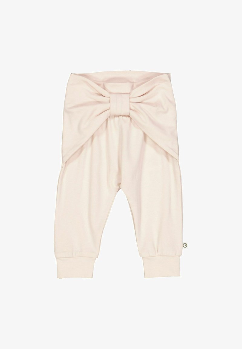 Světlé růžové bavlněné kalhoty s velkou mašlí na pasu, zúženými nohavicemi a měkkou, hladkou texturou.