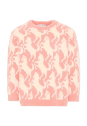 Trui met lange mouwen en een zachte structuur, met een roze en crèmekleurig patroon van herhalende huppelende paarden op een witte achtergrond.