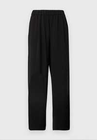 Pantalons larges noirs avec une taille élastique, fabriqués en tissu doux, présentant une coupe décontractée et une forme droite.