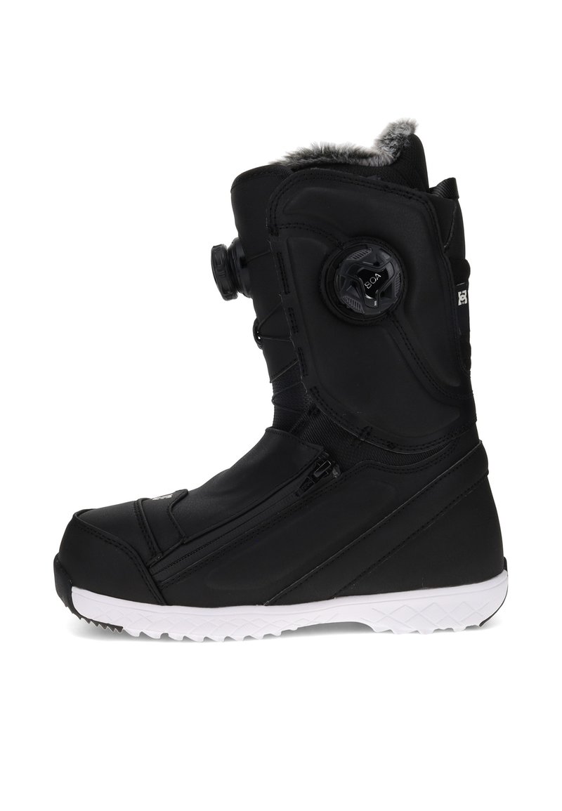 Black high-top winter boot with white sole, faux fur lining, side zipper, and circular dial closure system on the ankle.
