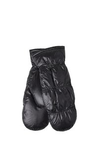 Czarne, puszyste rękawiczki wykonane z błyszczącego, pikowanego materiału, z marszczonym nadgarstkiem i zaokrąglonymi końcami, zaprojektowane z myślą o ciepłu i komforcie.