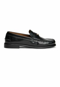 Black leather loafer with penny strap and subtle stitching detail, low heel, and "Hilfiger" embossed on the side.