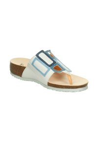 Weiße Leder-Sandale mit blauen und marineblauen geometrischen Akzenten, einer Korksohle und einem Zehensteg-Design. Glatte Textur und offener Zeh.
