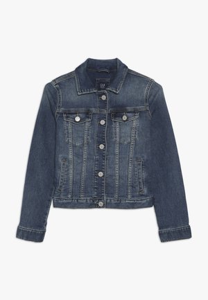 Veste en denim bleu foncé à manches longues, fermeture par boutons, deux poches poitrine à rabat et détails de coutures verticales.