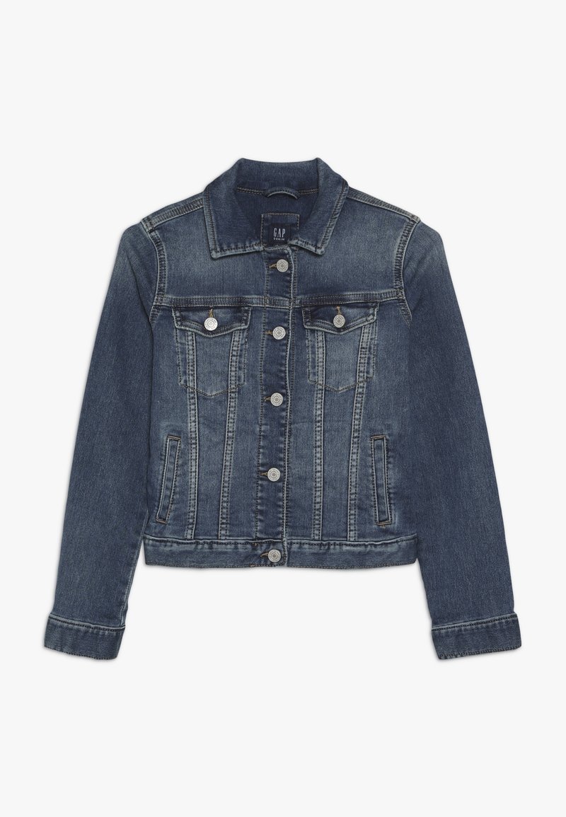 Veste en denim bleu foncé à manches longues, fermeture par boutons, deux poches poitrine à rabat et détails de coutures verticales.